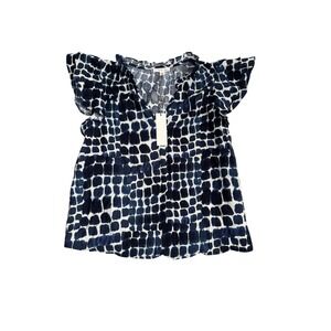 Nine‎ Britton Women's Ruffle Cap Sleeve Blouse Top Blue White Print Size S NEW